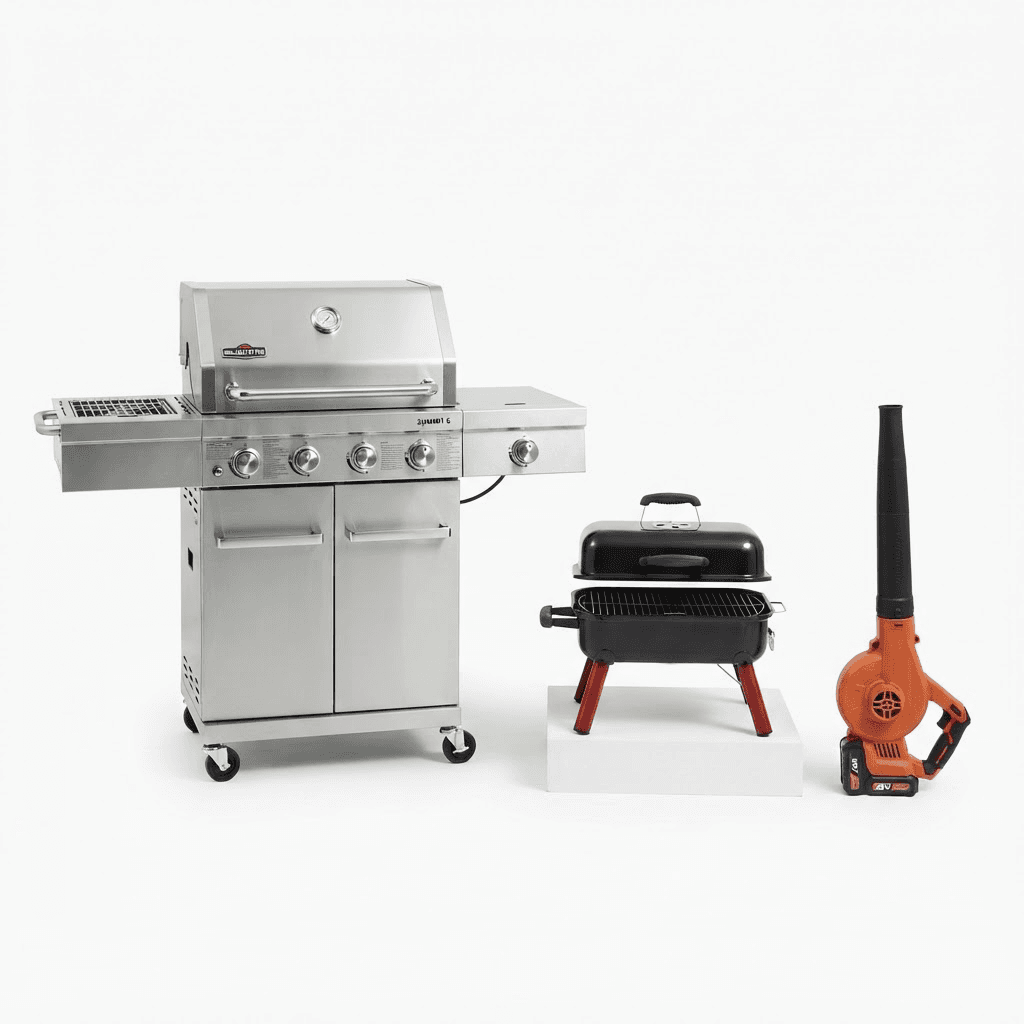 A stainless steel gas BBQ, portable BBQ and leaf blower