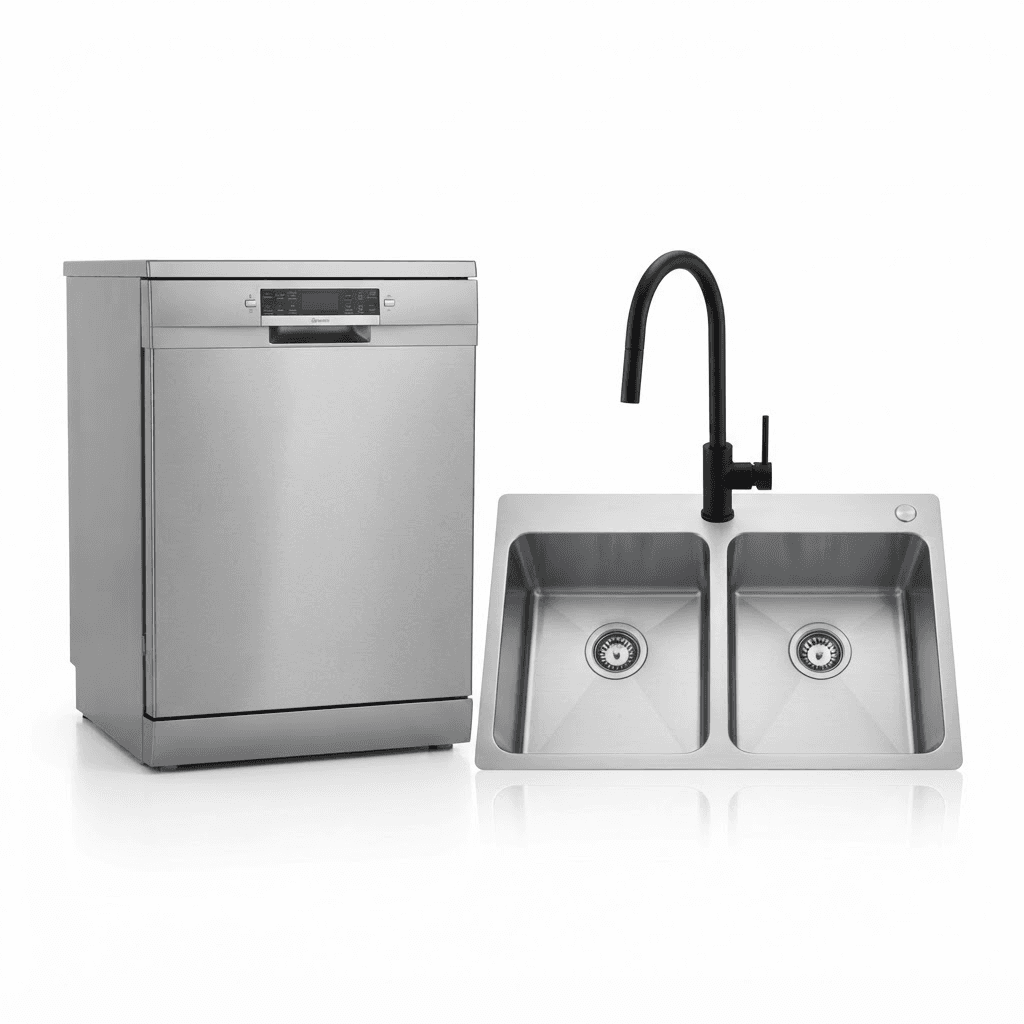 A dishwasher, kitchen mixer tap and double-bowl sink