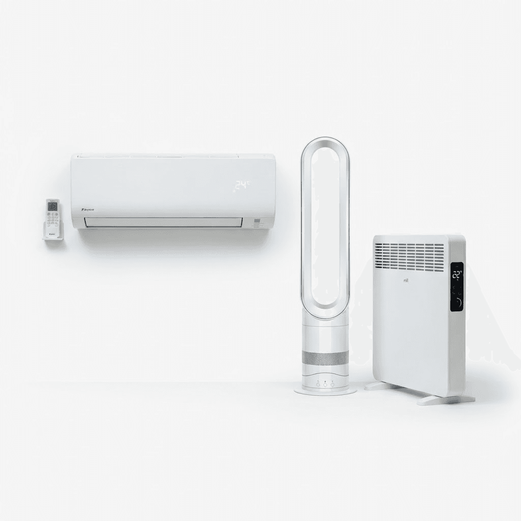 A split-system air conditioner, tower fan-heater and panel heater