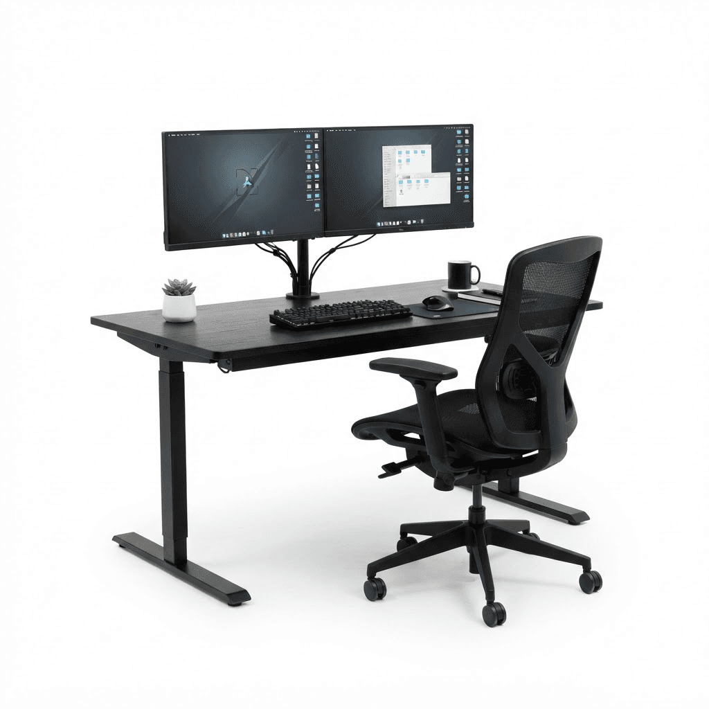 An office desk with dual monitors and an ergonomic chair