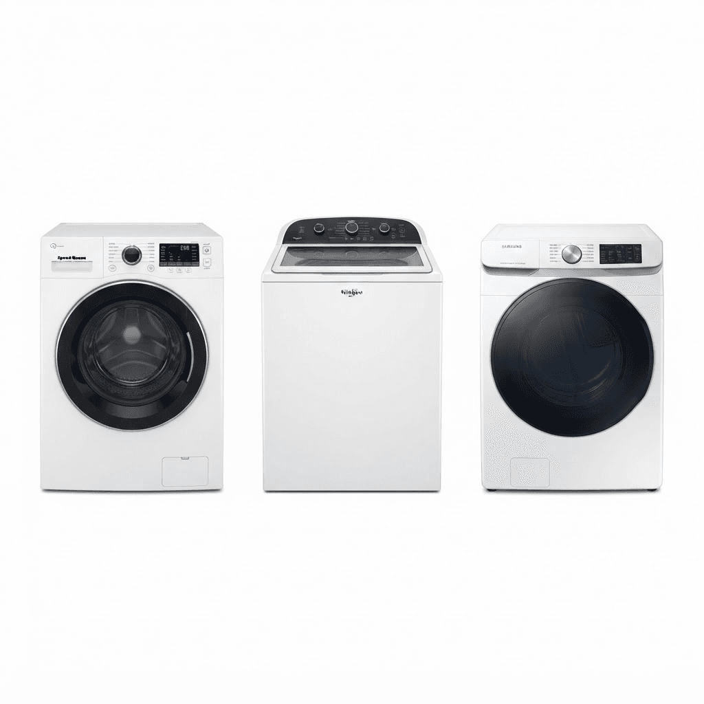 Front-load and top-load washing machines and a dryer