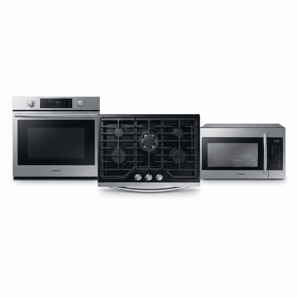 A gas cooktop, wall oven and microwave