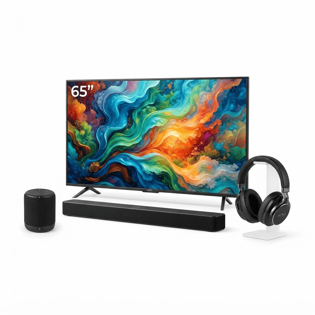A flat-screen TV, headphones, soundbar and speaker