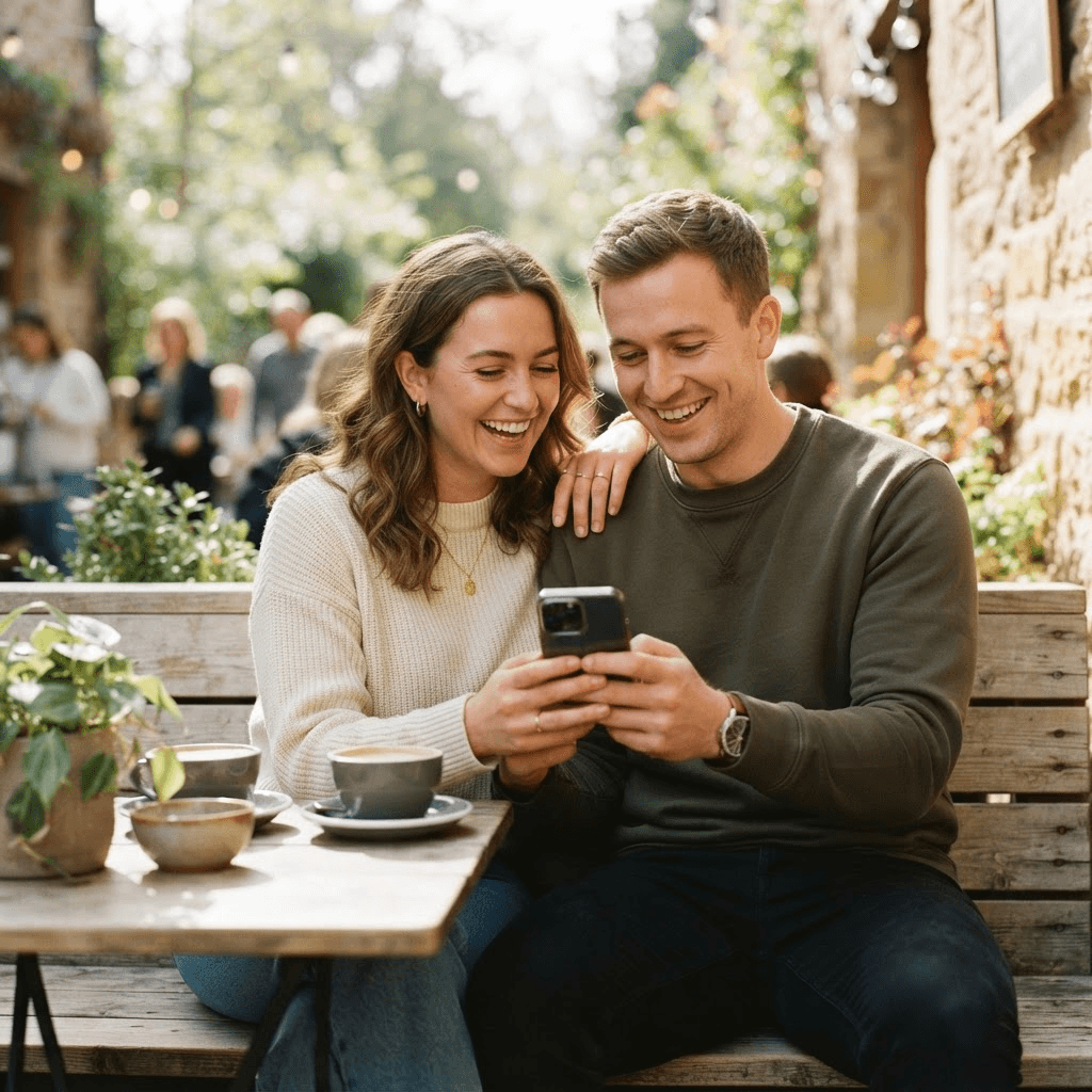 A couple looking at a phone together